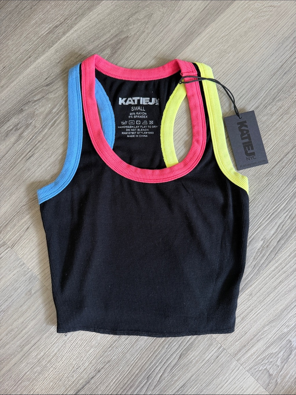 Katie J NYC Black Ribbed Livi Tank with Pink, Blue & Yellow Trim